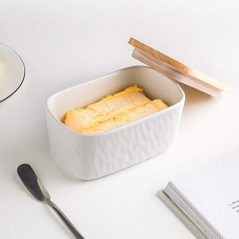 KOOV White Porcelain Large Butter Dish with Lid, Airtight Container with Oak Lid for 2 Sticks of Butter