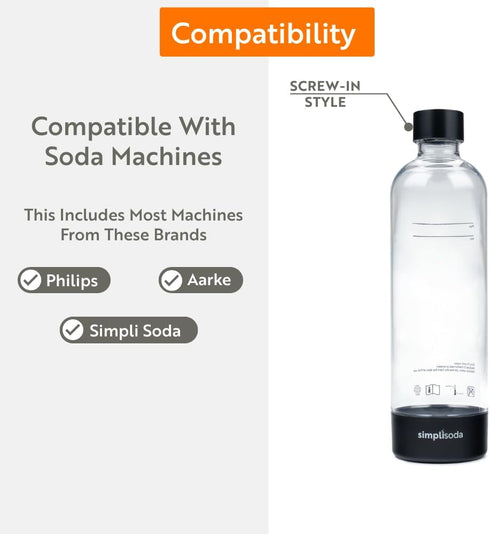 1L 2-Pack 2 Pack, Simpli Soda Carbonating Bottles, Reusable PET Sparkling Water Bottles Compatible with BLU, Philips