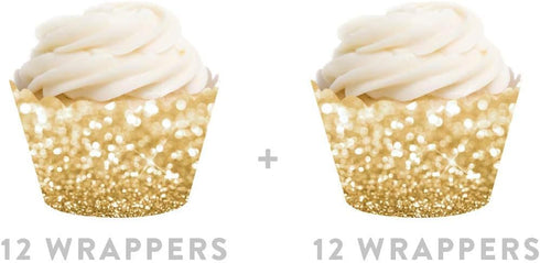 Andaz Press Glitzy Faux Gold Glitter Cupcake Wrapper Decorations, 24-Pack Gold Cupcake Holders