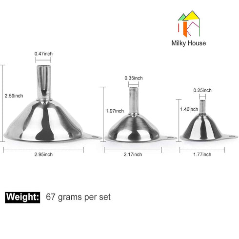 Stainless Steel Funnels, 3 Pack - Small Metal Funnels with Handles for Kitchen Transfer of Liquid, Oils, Spices, 2.9 &