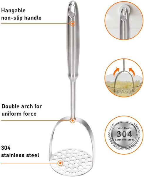 304 Brigii Potato Masher, Dual Arc for Easy, Labor-Saving Mashing, Stainless Steel, Sturdy and Durable One-Piece Potato