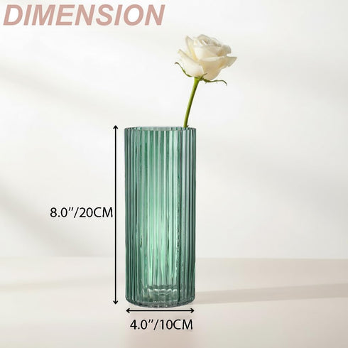 Set 3, 8 Inches Green Glass Vases, Flower Vases of Ribbed Glass Vase for Tulips, Tall Cylinder Glass Vases for Living