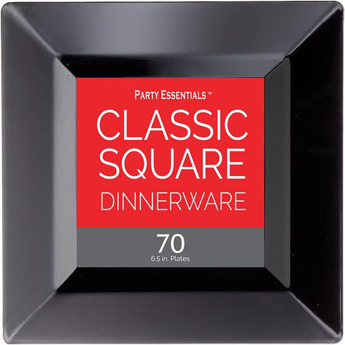 Party Essentials Disposable Classic Square Plastic Plates, 6.5", 70-Count, Black, for Wedding/All Occasions