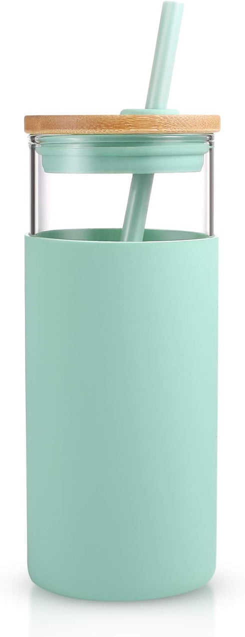 Tronco 20oz Glass Tumbler Water Bottle with Straw | Silicone Protective Sleeve, Bamboo Lid - BPA Free (Midnight Green)