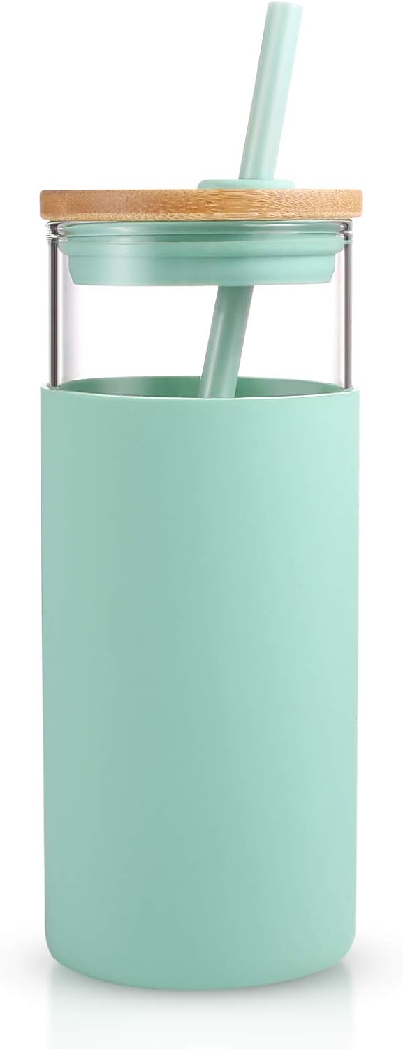 Tronco 20oz Glass Tumbler Water Bottle with Straw | Silicone Protective Sleeve, Bamboo Lid - BPA Free (Midnight Green)