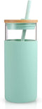 Tronco 20oz Glass Tumbler Water Bottle with Straw | Silicone Protective Sleeve, Bamboo Lid - BPA Free (Midnight Green)