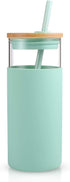 Tronco 20oz Glass Tumbler Water Bottle with Straw | Silicone Protective Sleeve, Bamboo Lid - BPA Free (Midnight Green)
