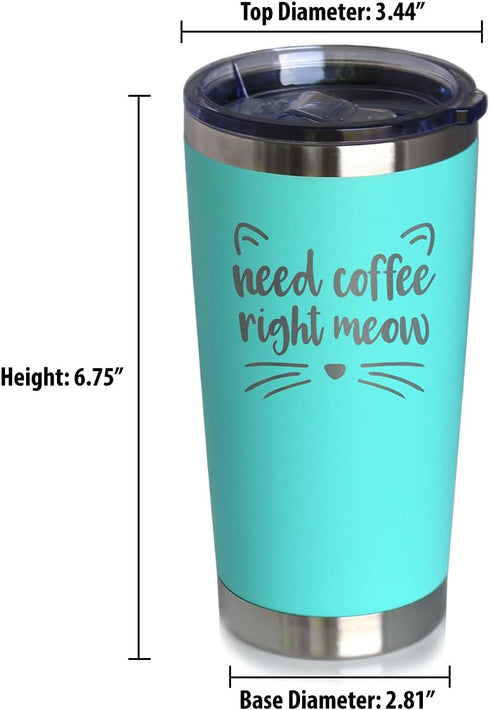 Bevvee Need Coffee Right Meow - Insulated Coffee Tumbler Cup with Sliding Lid, Stainless Steel Mug - Cat Themed Gifts -