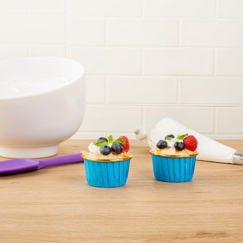 Restaurantware Panificio 3.5 Ounce Baking Cups, 50 Greaseproof Foil Cups, Oven-Ready Blue Muffin Liners