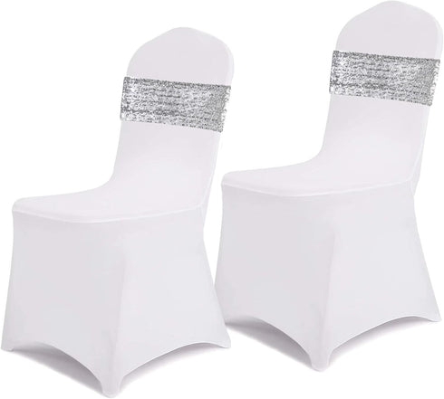 SquarePie Pack of 10 Sequin Chair Sashes, Silver Sparkling Decorative Bands for Wedding Banquet Party Decor