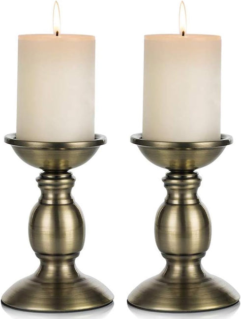 2 Pcs Bronze Iron Pillar Candle Holders, Ideal for 3" Pillar Candles, Gifts for Wedding, Home, Spa