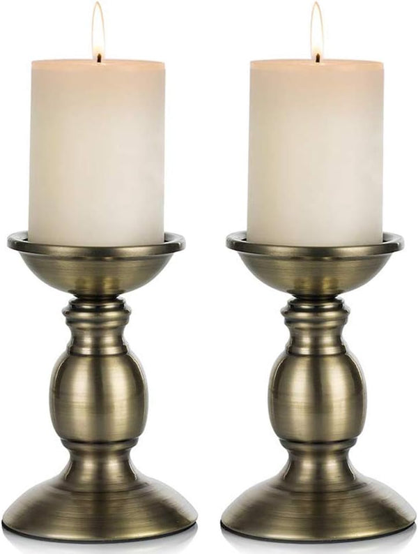 2 Pcs Bronze Iron Pillar Candle Holders, Ideal for 3" Pillar Candles, Gifts for Wedding, Home, Spa