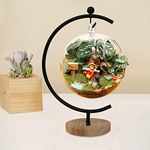 Ian Enterprises Ornament Display Stand Iron Pothook Stand for Hanging Glass Terrarium/Picture (Big G-Shaped Wood Base