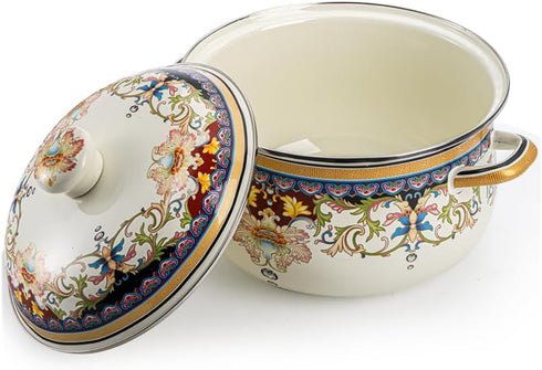 ZENFUN Kitchen Enamel Stockpot with Lid, 3.5 Quart Retro Flower Stew Bean Cooking Pot, Nonstick, Safe for Induction