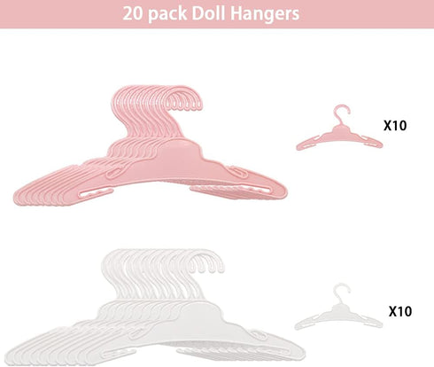 20 Pcs Doll Hangers for 18 inch Doll Clothes, Sturdy Accessories, Safe ABS Plastic (10 Pink and 10 White)