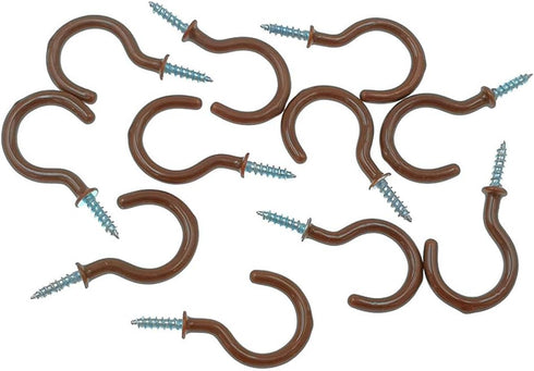 Cup Ceiling Hooks, Medium Size Vinyl Coated Screw-in Open Hooks, 50pcs, 1.25 inches, Brown
