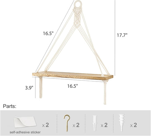 Set 2 Mkono Artificial Ivy Macrame Hanging Shelves with Lights of Boho Wall Decor Display Plants Photos Wood Floating