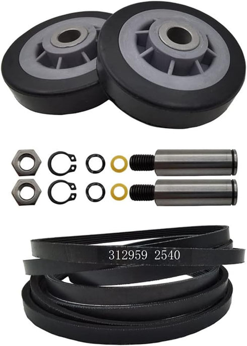 12001541 303373 Dryer Drum Roller Kit & 3-12959 Belt Replacement, Suitable for Maytag, Kenmore, Crosley