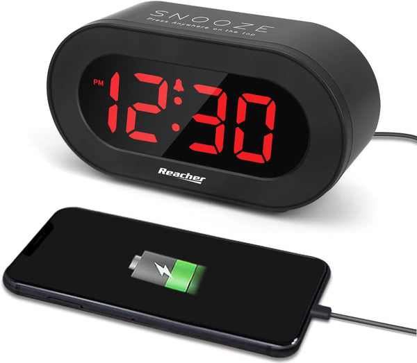 REACHER Small LED Digital Alarm Clock, Full Range Brightness Dimmer, USB Charger, Adjustable Alarm Volume