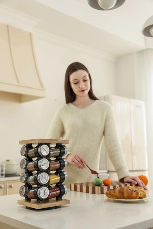 16 5-Year Countertop Orii Jar Rotating Bamboo Spice Rack with Spices Included & Spice Refill Program Compact Spice Rack