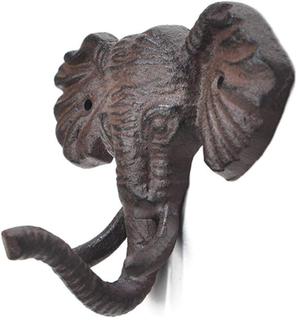 Antiqued Reproduction Cast Iron Elephant Head Single Hook Hanger, Heavy Duty Iron Art Decorative Coat Hat Hooks (1 pc)