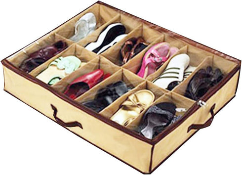 Household Shoe Bag for Ladies/Kids, 12 Cells Underbed Foldable Closet Organizer (Beige)