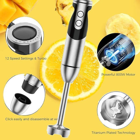 MegaWise Handheld Blender, 12-Speed Electric Immersion Blender, 3 in 1 with Titanium Plated Stainless Steel Blades