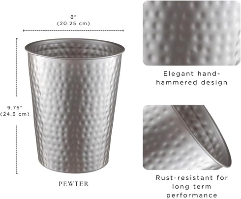 Monarch Abode Pewter Hand Hammered Metal Wastebasket - Decorative Trash Bin for Home Office, Modern Bathroom Garbage Can