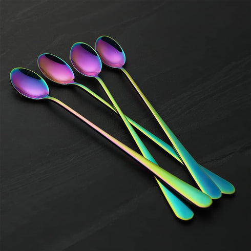 IQCWOOD 9-Inch Long Handle Iced Tea Spoons, Rainbow Stainless Steel Coffee Stirrers, Set of 4 for Shakes, Ice Cream