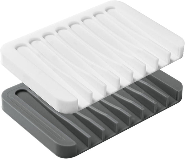 2PCS Premium Silicone Soap Dish Holder for Shower Bathroom Kitchen Sinks, Non-Slip Design, Easy Cleaning (White, Gray)