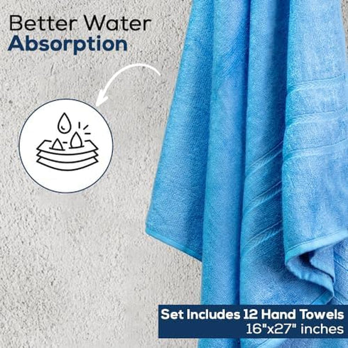 16"x27" (12 Pack) Simpli-Magic Cotton Hand Towels Soft Towels for Bathroom, Kitchen, Salon & Gym (Blue)