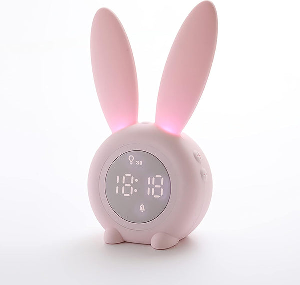 KDtech Kids Alarm Clock - Cute Pink Bunny Digital Alarm Clock with Night Light, 6 Ringtones, Touch Control &