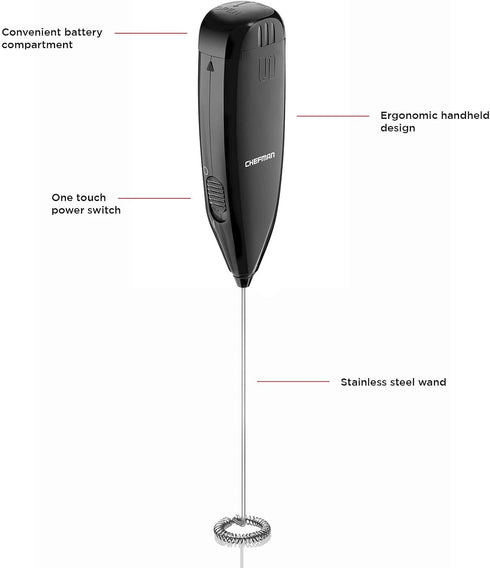 Chefman Handheld Electric Milk Frother, Create Foam for Coffee, Cappuccinos, Lattes, Cordless Stainless Steel Wand