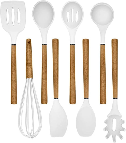 Country Kitchen 8 pc Non Stick Silicone Utensil Set, Rounded Wood Handles for Cooking and Baking - White