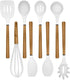 Country Kitchen 8 pc Non Stick Silicone Utensil Set, Rounded Wood Handles for Cooking and Baking - White