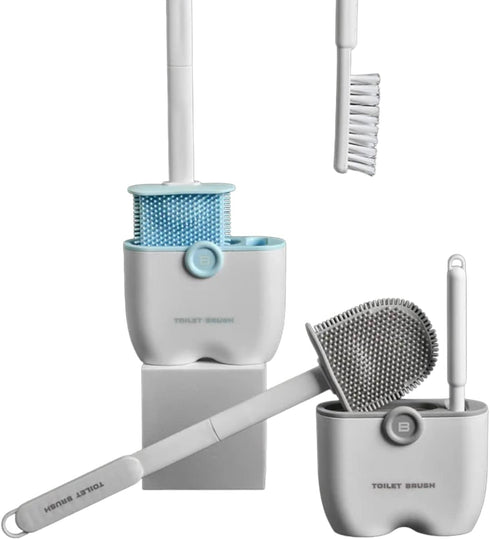 Toilet Bowl Brush and Holder Set with 2 Types of Brushes, Rubber & Silicone, Wall Mount Holder, Gray