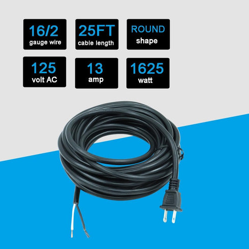 25FT Replacement Power Cord, 16 Gauge Polarized 2 Prong Plug Pigtail Electric Power Supply Cable