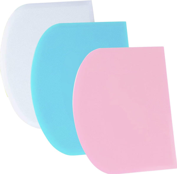 SURDOCA Dough Scraper Bench Scraper - 3P Plastic Flexible Bowl Scraper, Non-Slip Cake Scraper, Blue+White+Pink