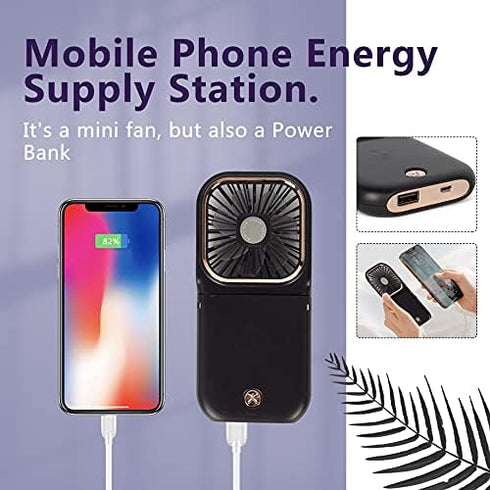 Portable Mini Fan - 5 in 1 with Power Bank, Phone Holder, Handheld & Desk Fan, USB Rechargeable, Black