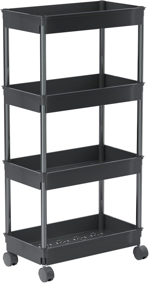 Sooyee 4 Tier Wide Storage Cart, Mobile Shelving Unit Organizer for Kitchen, Bathroom, Laundry, Black Plastic & Steel