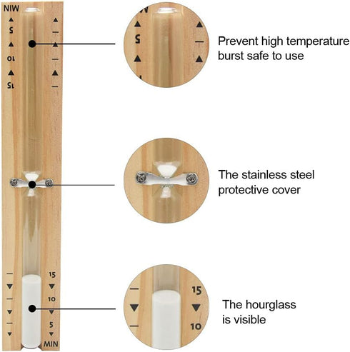Sauna Hourglass Sand Timer, Beech Wood 15 Minutes Accurate Hour-Glass, Rotating Wooden Hour Glass (White Sand)