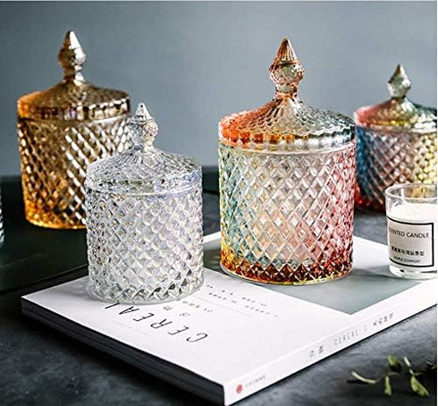 1PCS 300ml/10oz Empty Cylindrical Diamond Crystal Glass Candy Dish, Storage Container with Caps