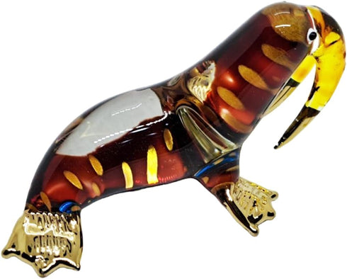 Tiny 2" Brown Blue Gold Lift Head Walrus Seal Sea Lion, Miniature Hand Blown Glass Animal