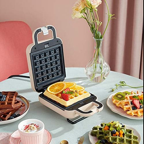 LIVEN Mini Waffle Maker with 3 Shapes Removable Plates, Electric Non-Stick Breakfast Machine, Pink