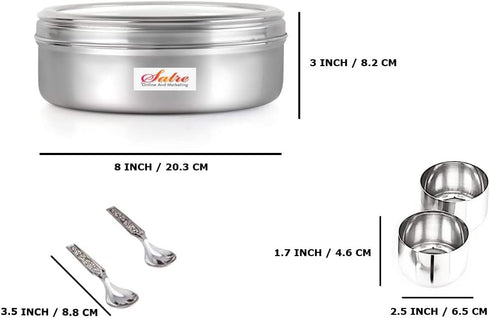 Stainless Steel Spice Box – Heavy Spice Box with Glass Lid, 7 Containers and 7 Spoons, Color-Silver
