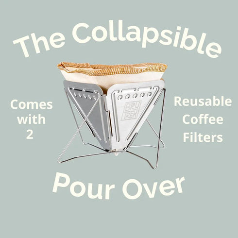 BruTrek Collapsible Pour Over Camping Coffee Maker - Stainless Steel Travel Brewing Kit with Reusable Filters