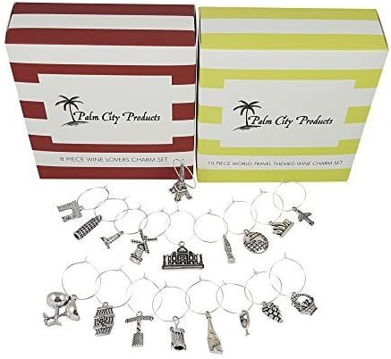 Two Gorgeous Wine Charm Sets – 18 Pieces Total, Wine Lover and World Traveler Themes