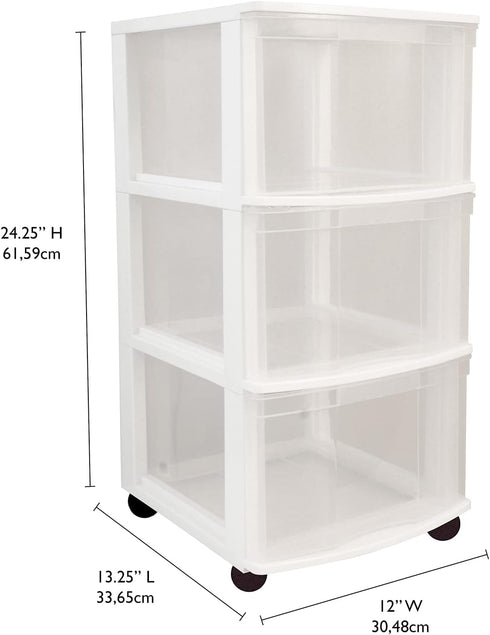 Gracious Living Classic 3 Drawer Organizer Cart, Plastic Storage Dresser with Caster Wheels for Home and Office