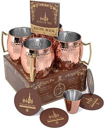 Hammered Moscow Mule Copper Mug Set of 4, Stainless Steel Lining, 16 oz