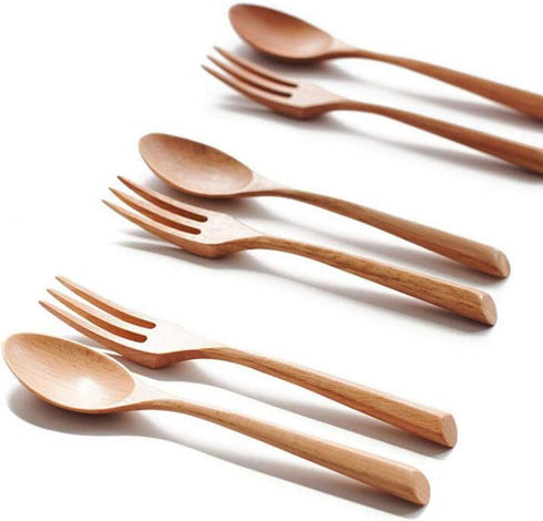 Kyien 6Pcs Wood Soup Spoons and Forks Set - Eco-Friendly Wooden Flatware with 3 Spoons and 3 Forks for Natural Eating